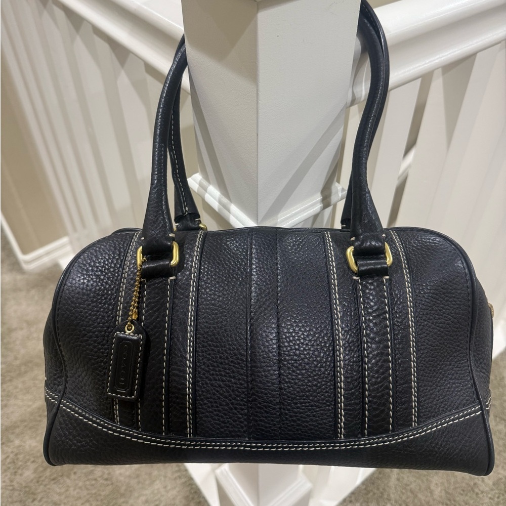 Coach leather bag, black with white contrast stitching.